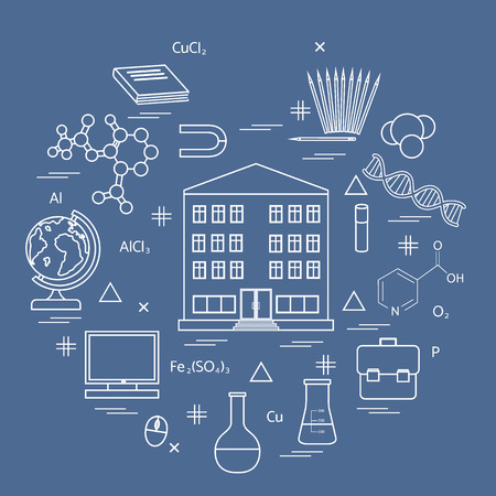 Vector illustration of variety scientific, education elements in a circle. Including icons of school, globe, pencil, magnet, flask, molecule and other.のイラスト素材