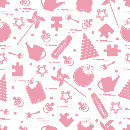 Cute seamless pattern with variety children's goods and toys: bibs, pinwheel, baby bottles, dummy, pyramid and other. Design for poster or print.のイラスト素材