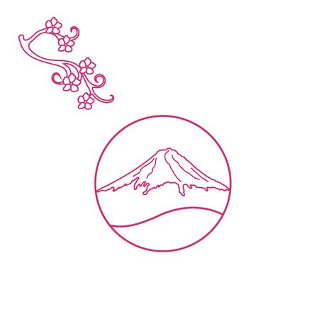 Cute illustration of branch of cherry blossoms and mount Fuji. Set of Japan traditional design elements.のイラスト素材
