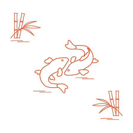 Stylized icon of two carp koi  and bamboo. Travel and leisure. Design for banner, poster or print.のイラスト素材
