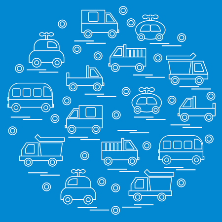 Cute vector illustration with baby cars arranged in a circle. Design for poster or print.のイラスト素材