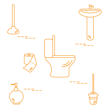 Vector illustration with toilet bowl, washbasin, toilet paper, soap dispenser, plunger, brush for toilet bowl. Design for poster or print.のイラスト素材