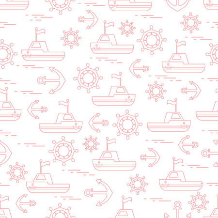 Cute seamless pattern with ships, steering wheels, anchors, flags. Marine theme. Design for poster or print.のイラスト素材