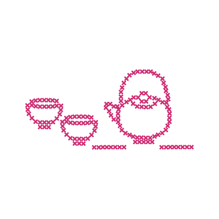 Cute vector illustration cross embroidery of teapot with two cups. Design for banner, poster or print.のイラスト素材
