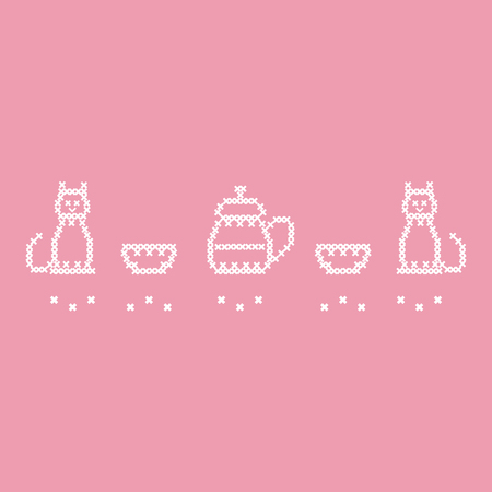 Cute vector illustration cross embroidery of teapot with two cups and two cats. Design for banner, poster or print.のイラスト素材