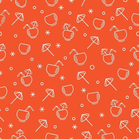 Cute seamless pattern with cocktail in half coconut, tube and umbrella. Travel and leisure. Design for banner, poster or print.のイラスト素材
