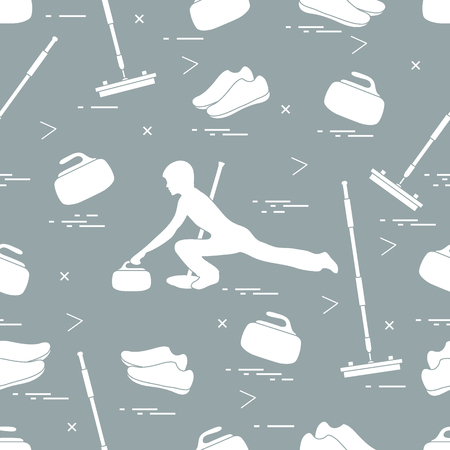 Vector pattern of different objects curling sport. Including: shoes, broom, stone and athlete silhouette.のイラスト素材