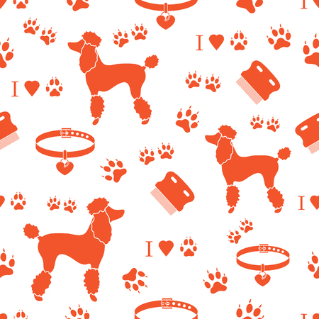 Seamless pattern with poodle silhouette, comb, collar, dog tracks and hearts. Design for banner, poster or print.のイラスト素材