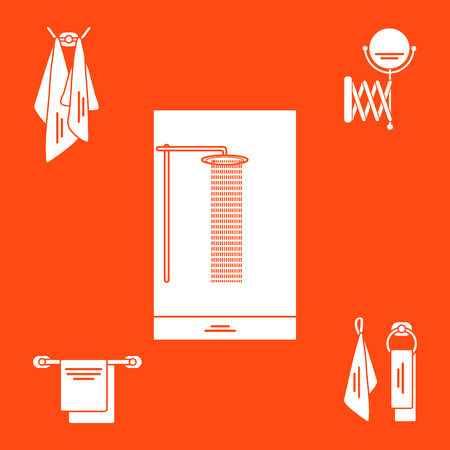 Set of variety bathroom elements: shower, towels hanging on different holders, mirror. Design for poster or print.のイラスト素材