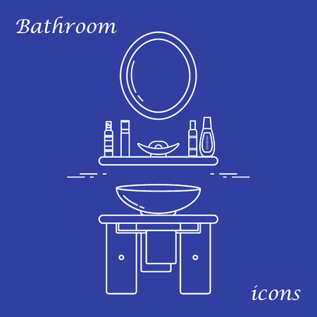 Cute vector illustration with variety bathroom elements: mirror, washbasin, towel, shampoo and other. Design for poster or print.のイラスト素材