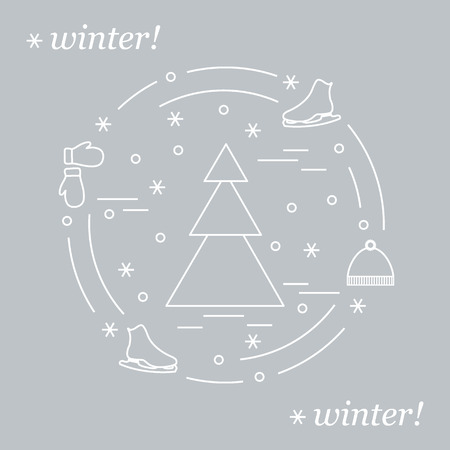 Vector illustration for sports figure skating arranged in a circle. Including icons of skates, gloves, hat, spruce, winter elements made in line style.のイラスト素材