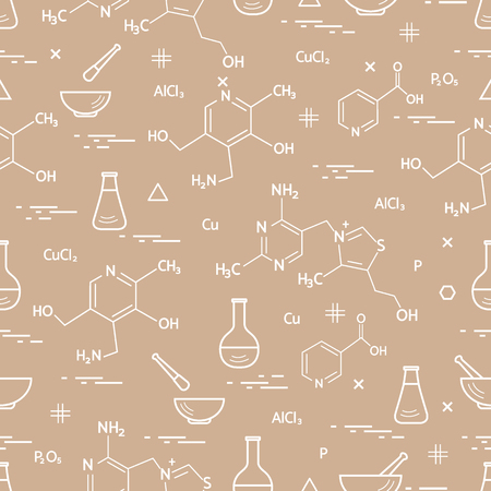 Seamless pattern with variety scientific, education elements: flask, formula, pestle and other. Design for banner, poster or print.のイラスト素材