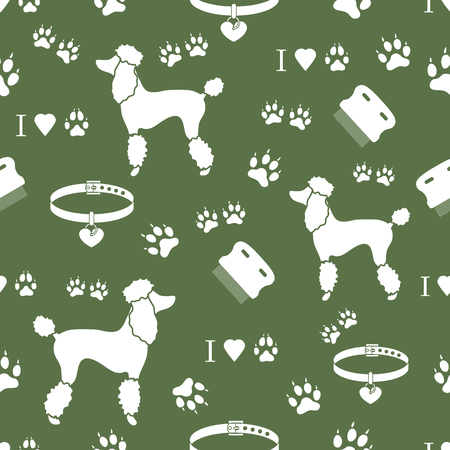 Seamless pattern with poodle silhouette, comb, collar, dog tracks and hearts. Design for banner, poster or print.のイラスト素材