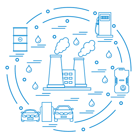Cute vector illustration of refinery plant with smoking chimneys, canister of gasoline, barrels with oil, petrol station with two cars arranged in a circle. Design for poster or print.のイラスト素材
