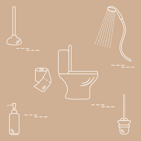 Vector illustration with toilet bowl, shower, toilet paper, soap dispenser, plunger, brush for toilet bowl. Design for poster or print.のイラスト素材
