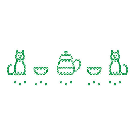 Cute illustration cross embroidery of teapot with two cups and two cats.のイラスト素材