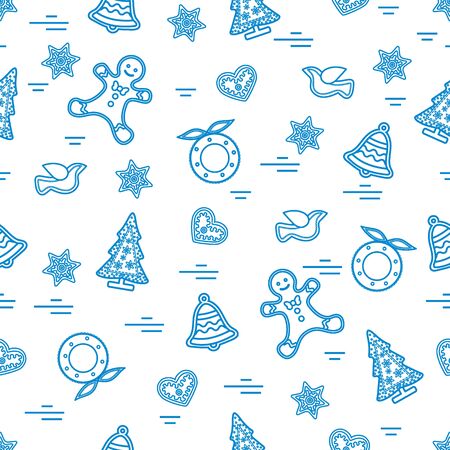 Cute vector pattern of different new year and christmas symbols. Winter theme. Design for postcard, banner, flyer, poster or print.のイラスト素材