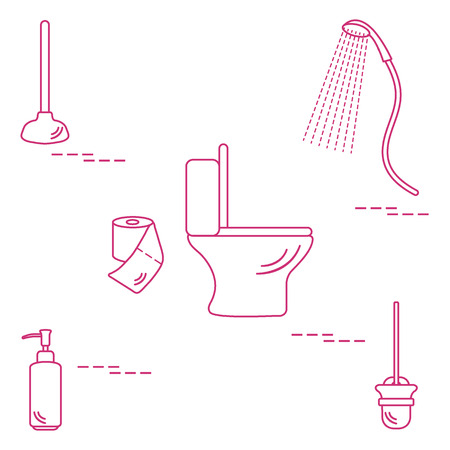 Vector illustration with toilet bowl, shower, toilet paper, soap dispenser, plunger, brush for toilet bowl. Design for poster or print.のイラスト素材