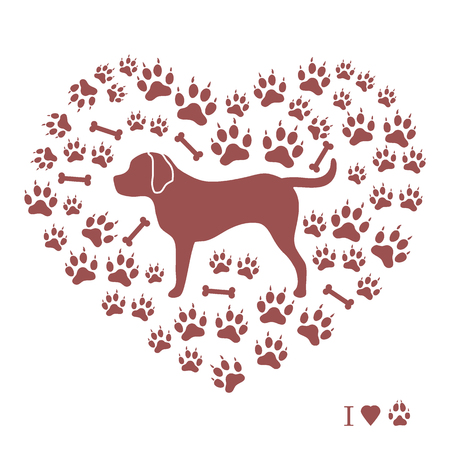 Nice picture of rottweiler silhouette on a background of dog tracks and bones in the form of heart on a white background.のイラスト素材