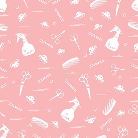 Cute pattern of scissors, combs, hairclip, hairpins and sprayer. For the provision of hairdressing services. Design element for banner, poster or print.のイラスト素材