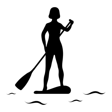 Female silhouette on stand up paddle board. SUP. Template for your design, banner, poster or print.のイラスト素材