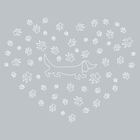 Nice picture of dachshund silhouette on a background of dog tracks in the form of heart on a colored background.のイラスト素材