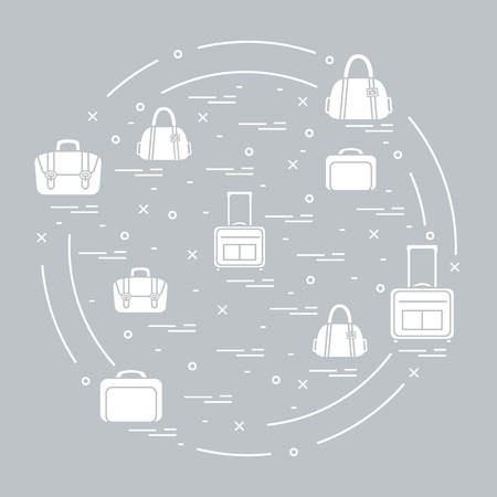 Vector illustration with different bag and suitcases for travel arranged in a circle. Summer time, vacation. Design for banner, poster or print.のイラスト素材