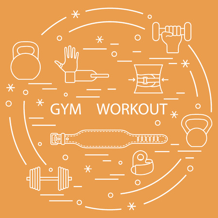 Powerlifting gym workout elements arranged in a circle. Template for your design, banner, poster or print.のイラスト素材
