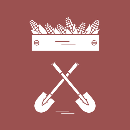 Cute vector illustration of harvest: two shovels and box of corn. Design for banner, poster or print.のイラスト素材