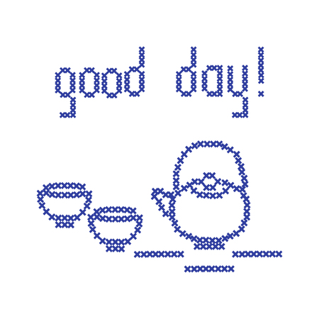 Cute vector illustration cross embroidery of teapot with two cups. Design for banner, poster or print.のイラスト素材