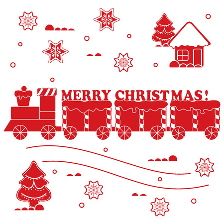 New year and Christmas symbols: train, wagons, gingerbread, ?hristmas tree, snowflakes, house. Design for banner, poster or print.のイラスト素材
