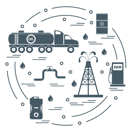 Cute vector illustration of  oil tanker, equipment for oil production, canister of gasoline, barrels with oil, gas station arranged in a circle. Design for poster or print.のイラスト素材