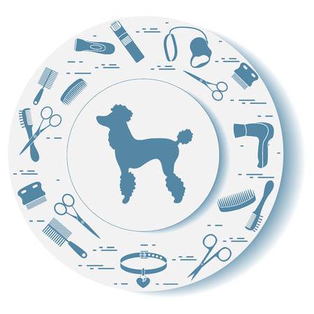 Decorative plate with dog silhouette, combs, collar, leash, razor, hair dryer, scissors. Design for banner, poster or print.のイラスト素材