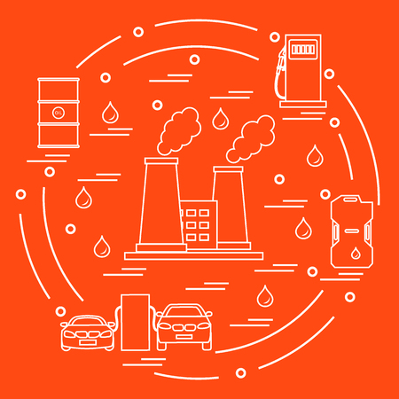 Cute vector illustration of refinery plant with smoking chimneys, canister of gasoline, barrels with oil, petrol station with two cars arranged in a circle. Design for poster or print.のイラスト素材