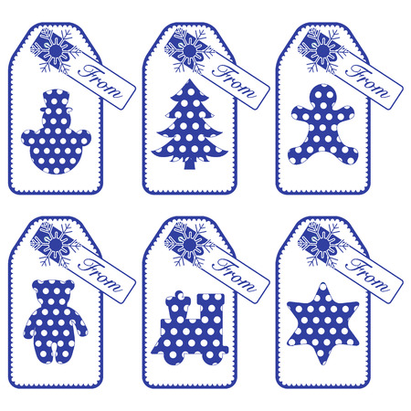 Gift tags with new year and christmas symbols with polka-dots and ribbon. Design for postcard, banner, poster or print.のイラスト素材