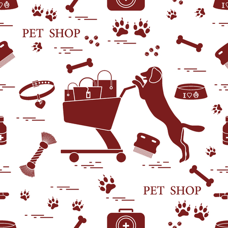 Seamless pattern: dog, bowl, shopping cart with gift bags, traces, bone, brush, collar, first aid kit. Health care, vet, nutrition, exhibition.のイラスト素材