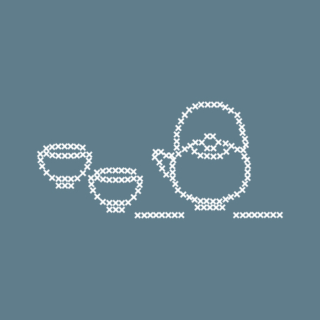 Cute vector illustration cross embroidery of teapot with two cups. Design for banner, poster or print.のイラスト素材