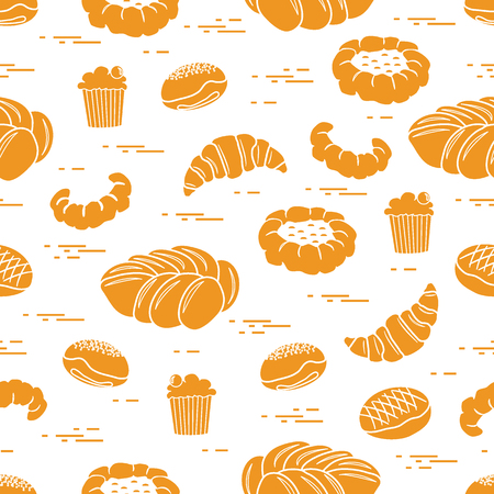 Pattern of different bakery products (bun, cheesecake, cupcake, croissant and other). Design for pastry shop, supermarket, bakery.のイラスト素材