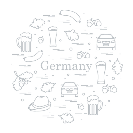 Vector illustration with various symbols of Germany arranged in a circle. Travel and leisure. Design for banner, poster or print.のイラスト素材