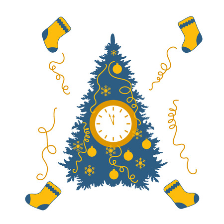 Christmas tree, christmas socks, snowflakes, ball, streamers and clock with arrows showing a few minutes until midnight. Design for postcard, banner, poster or print.のイラスト素材