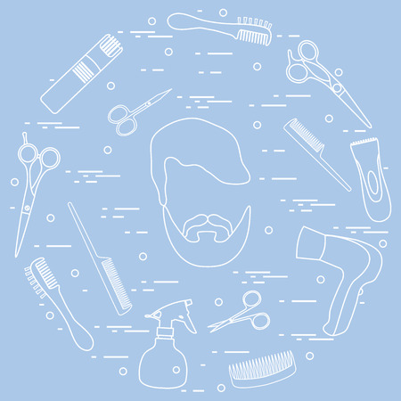 Illustration of men hairstyles, beards and mustaches, hairdresser tools care. Male haircuts. Barbershop symbol.のイラスト素材
