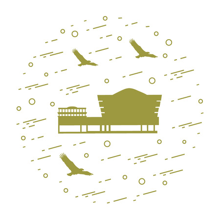 building and silhouettes of soaring eagles arranged in a circle. Symbols of USA.のイラスト素材