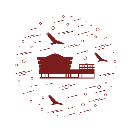 The Solomon R.Guggenheim Museum in the New York, United States and silhouettes of a soaring eagles arranged in a circle. Symbols of USA.のイラスト素材