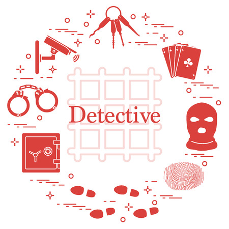 Criminal and detective elements. Crime, law and justice vector icons. Design for announcement, print.のイラスト素材