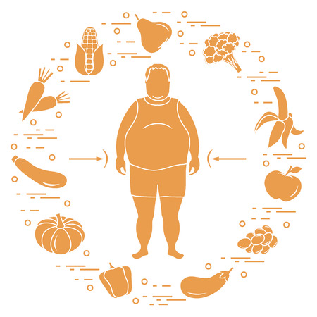 Fat man with healthy food around him.のイラスト素材
