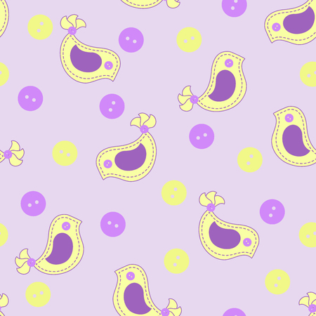 Pattern with colorful stitched birds and buttons. Template for design, fabric, print.のイラスト素材