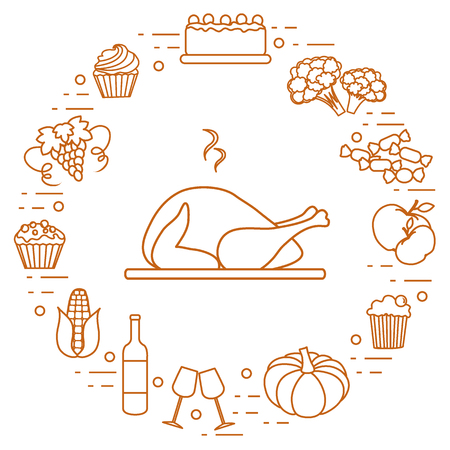 Happy Thanksgiving cartoon objects. Fall symbols for announcement, advertisement or banner.のイラスト素材