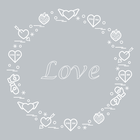 Cute vector illustration with different romantic symbols arranged in a circle. Design for banner, flyer, poster or print. のイラスト素材