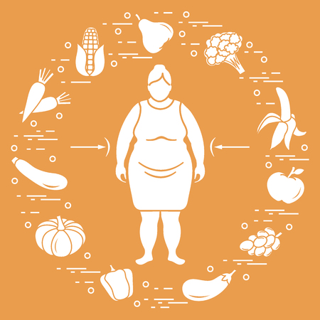 Fat woman with healthy food around her. Healthy eating habits. Design for banner and print.のイラスト素材