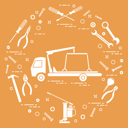 Repair cars: tow truck, wrenches, screws, key, pliers, jack, hammer, screwdriver. Design for announcement, advertisement, banner or print.のイラスト素材